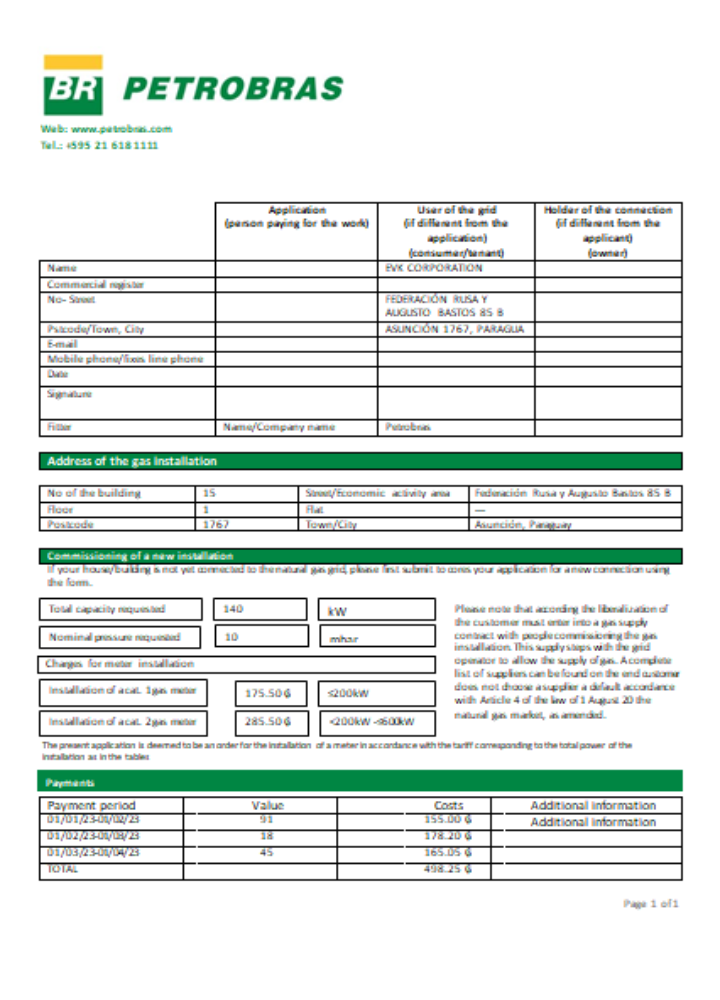 Petrobras Paraguay Operations and Logistics gas company utility business bill, SCR PSD template